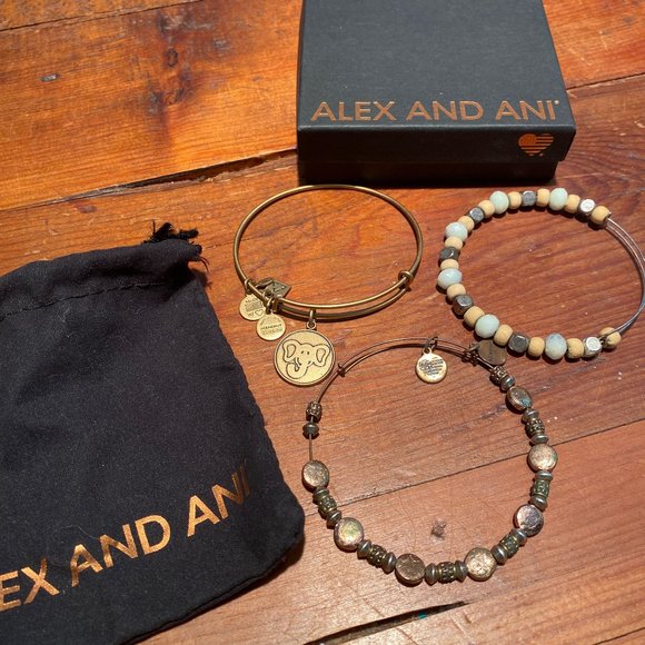 3 ALEX AND ANI BRACELETS: COPPER METAL BEADED, ASSORTED STONES, AND ELEPHANT - Picture 1 of 8